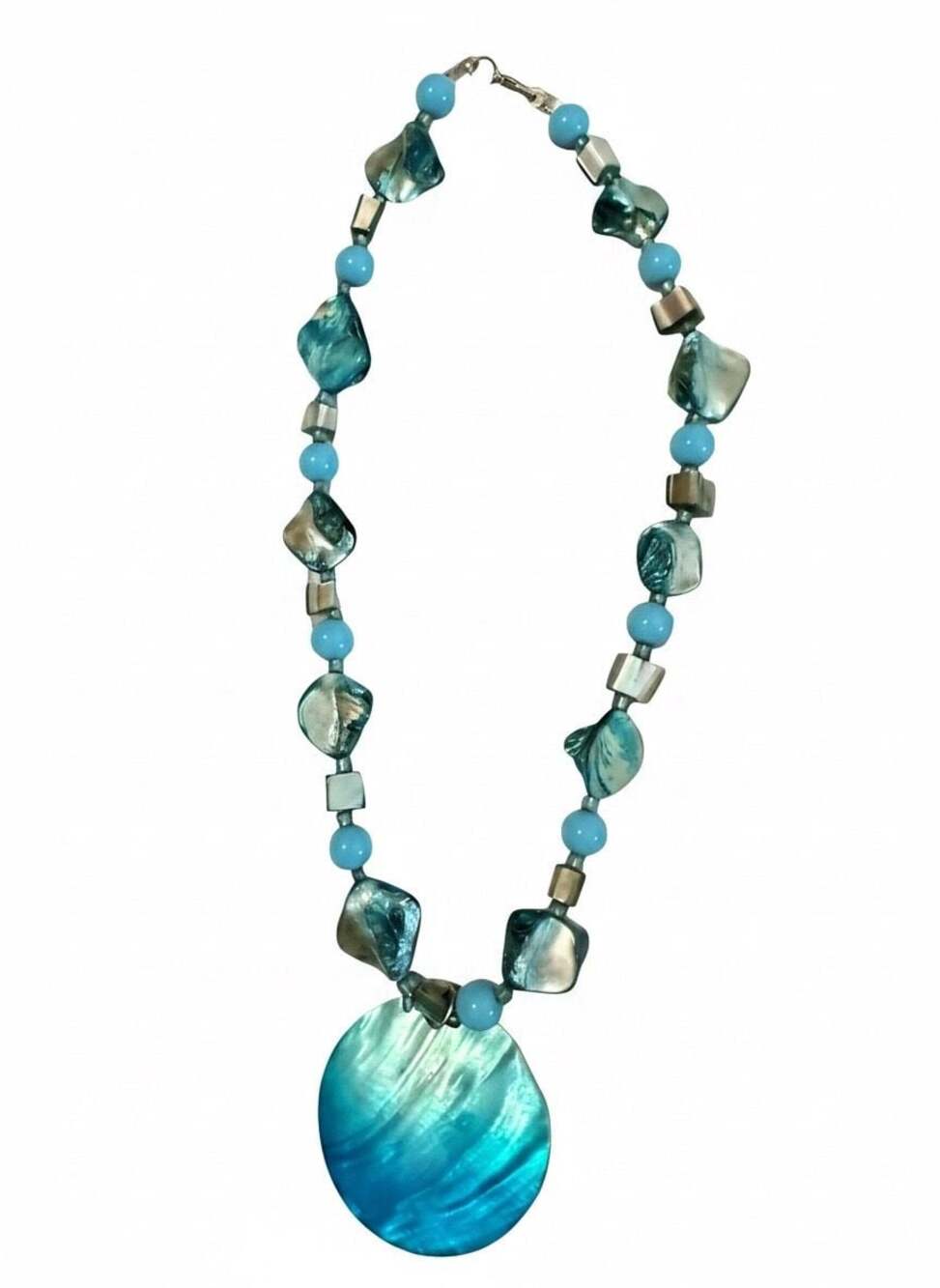Turquoise Toned Mother of Pearl Shell and Beaded Statement Necklace